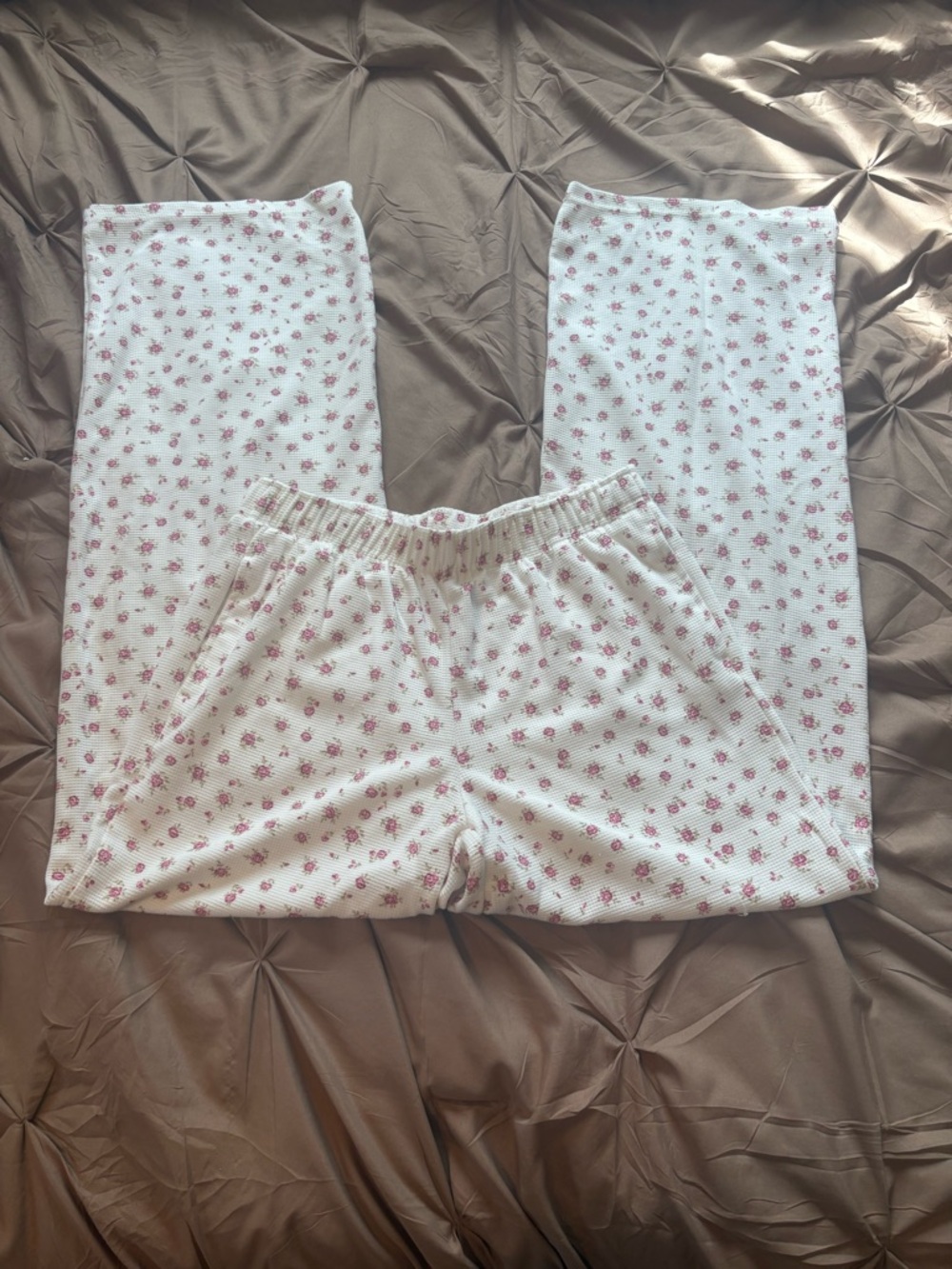 White Floral Lounge Pants with Pink Rose Print